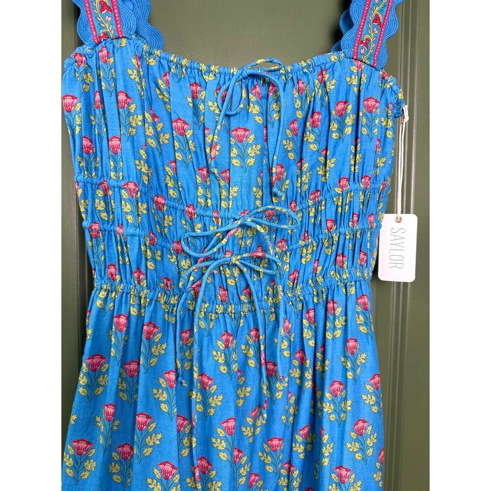 NWT Saylor Zarina Floral Bouquet Block Print Midi Resort Boho Dress Blue Small - Picture 5 of 6